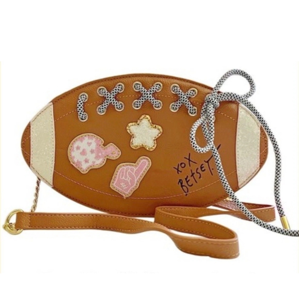 Betsey Johnson Tan Crossbody Football Bag with Pink Patches - Picture 7 of 7